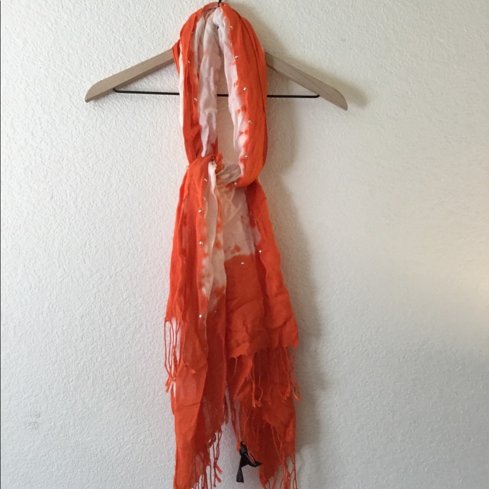 INC pretty orange and white scarf with fringe NWT